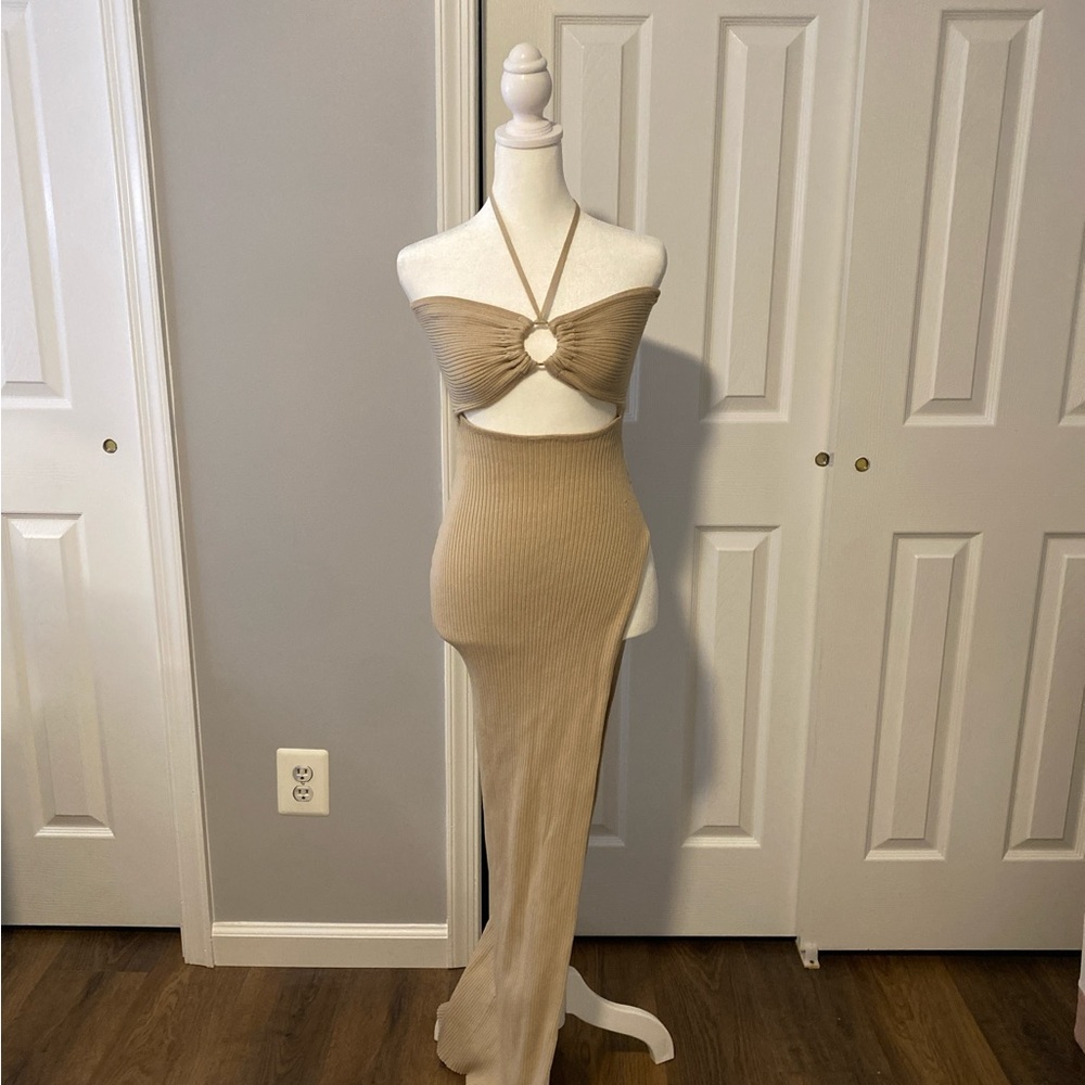 Hera Collection Ribbed Halter Maxi Dress in Beige